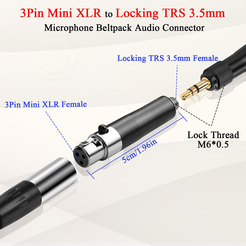 QIANRENON Mini XLR to TRS 3.5mm Wireless Microphone Connector 3Pin Mini XLR Female to Locking TRS 3.5mm Female Headphone Stereo Adapter Mini XLR to Locked 1/8 Balanced Audio Socket, for Lavalier Mic F-F