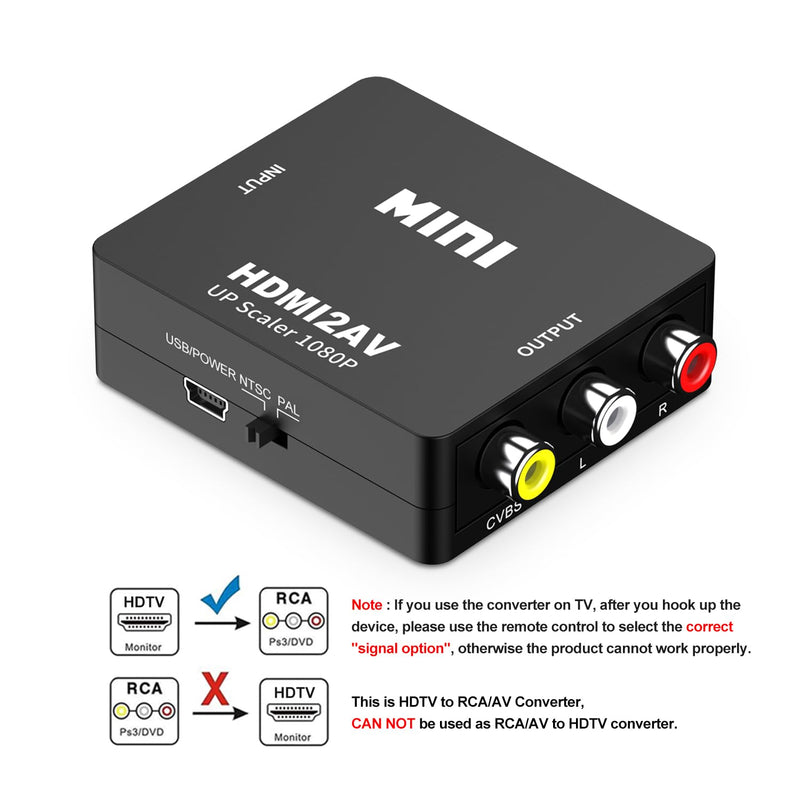 RIIPOO HDMI to RCA Converter, 1080P HDMI to AV Composite RCA Audio Video A/V CVBS Converter Adapter for Old TV, TV Stick, Roku, Android TV Box, DVD and More - Supports PAL NTSC Black