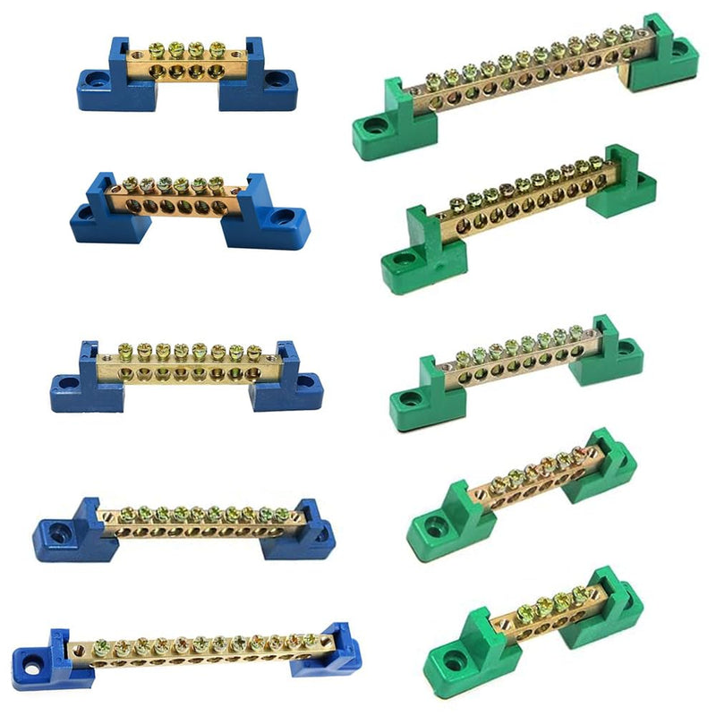 10 Positions Green, Clamp Ground Rail Screw Block: Barrier Brass, Electrical Distribution Bus Bar Block for Car, Boat, Marine, RV, Yacht, Ship Power Distribution 10 Positionen
