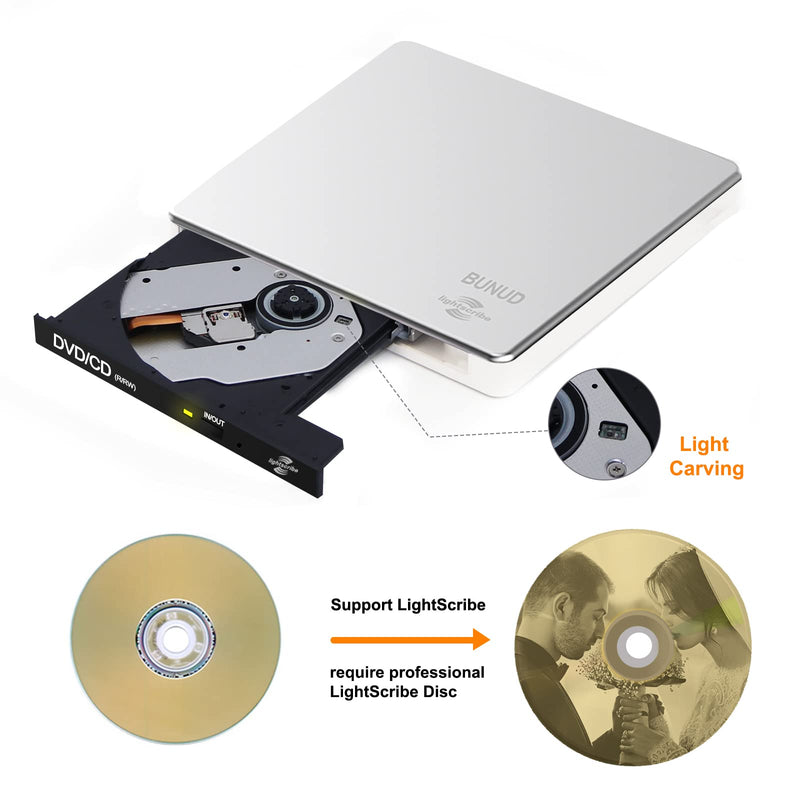 External CD DVD Drive LightScribe CD/DVD +/-RW Burner Player Writer Optical Disk Reader Portable CD DVD Drive for Laptop Mac MacBook PC Windows 11 10 Linux OS Silver