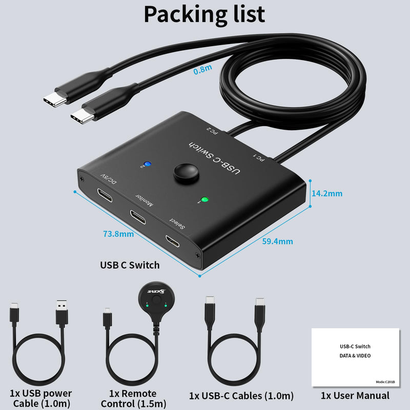 USB C Switch,Bi-Directional USB C Switcher 2 Computers,MLEEDA USB Type C KVM Switch 8K@60Hz 4K@120Hz Video/10Gbps Data Transfer/100W Charging,Compatible with Thunderbolt Device,USB-C Cables Included black 6 cm USB C Switch