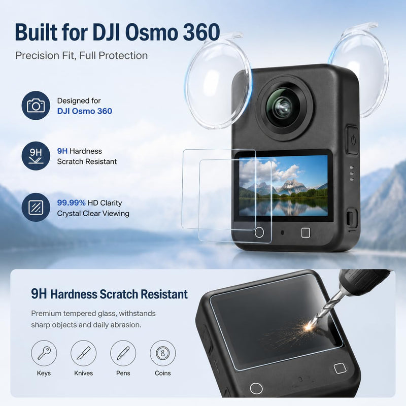 Screen Protector and Lens Guards for DJI OSMO 360 PC Lens Protector Cover | Clear 9H dji osmo 360 lens protector. Anti-smudge, smooth touch response, includes 2-pack lens and screen guards