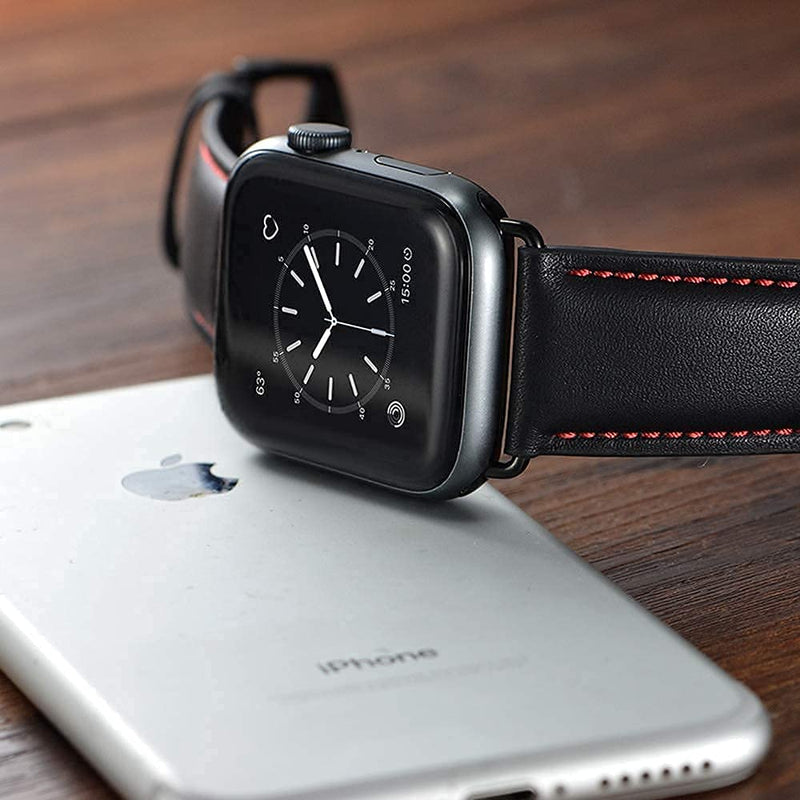 Leather Band Compatible with Apple Watch 44mm 42mm Mens Women Vintage Leather Strap XL Dressy Black Buckle Bands with Black Adapters for iWatch Series 6 5 4 3 2 1 SE, 2 PACK