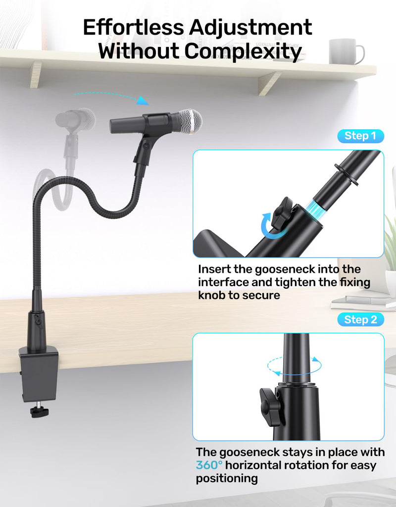 Gooseneck Mic Stand with Clamp, 19-Inch Flexible Desktop Microphone Arm Holder with 3/8" & 1/4" Screw Adapters, 360° Adjustable, Ideal for Podium, Pulpit, Lecture, Conference and Live Streaming