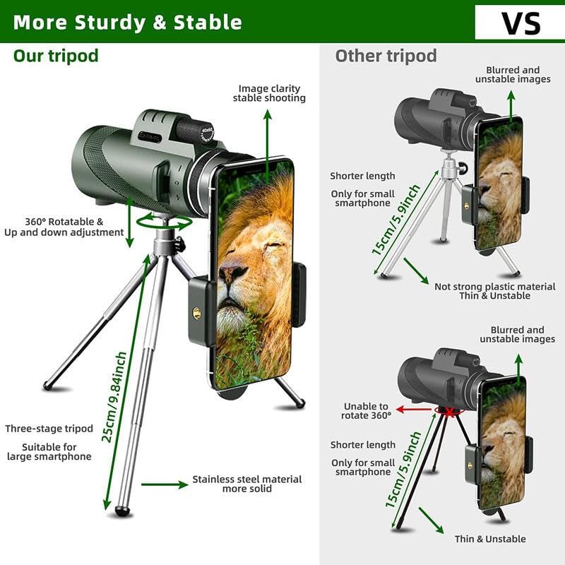 80x100 Monocular Telescope for Adults–High-Powered Green Lens Compact Monocular with Tripod & Smartphone Adapter for Bird Watching, Hunting, Hiking, Camping, Stargazing, Travel, and Outdoor Adventures