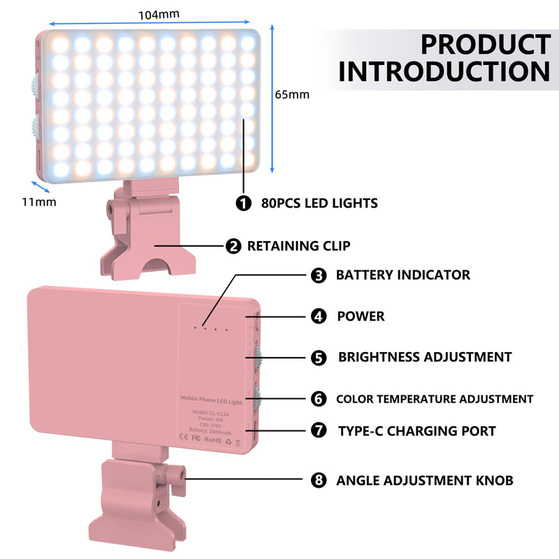 Pink Selfie Light with Phone Light Clip,80led Portable Selfie Light with 3 Light Modes and Infinite Adjustment Modes, 2000mah Rechargeable Selfie Light for Phone, Laptop, Makeup, Live Stream