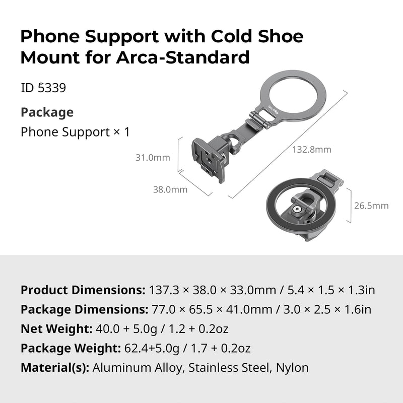 SMALLRIG Metal Phone Mount with Baseplate for Arca-Standard, Compatible for DJI RS 4 Mini, Smartphone Support with Cold Shoe Mount, Phone Tripod Mount for iPhone 17/16/15 Series etc. - 5339