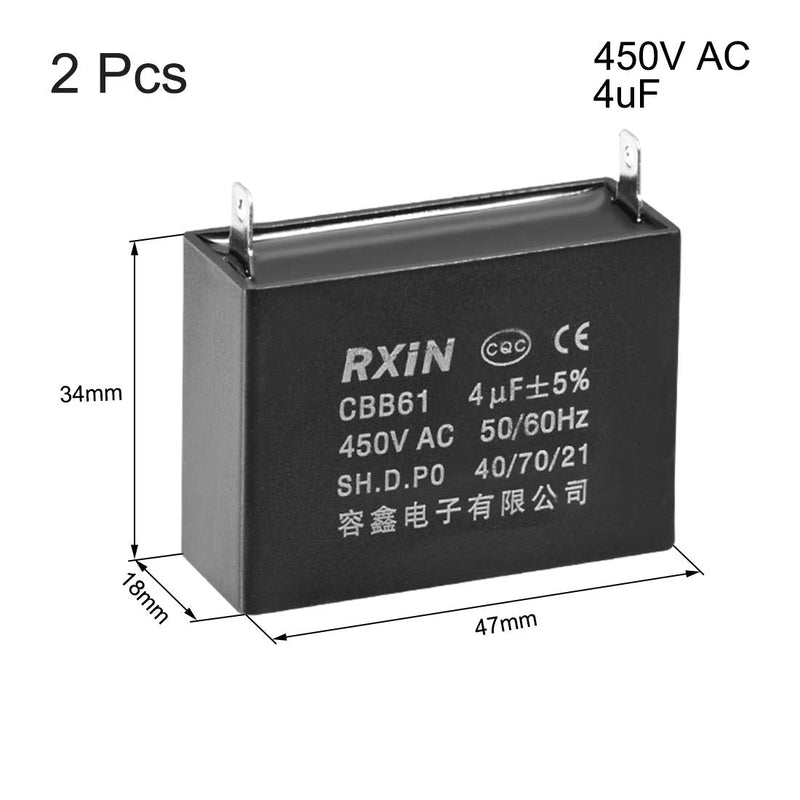 sourcing map A pack of 2 ceiling fan condenser film capacitors metallized for water pump motor generator CBB61 with plastic shell 2 wires 50/60Hz polypropylene