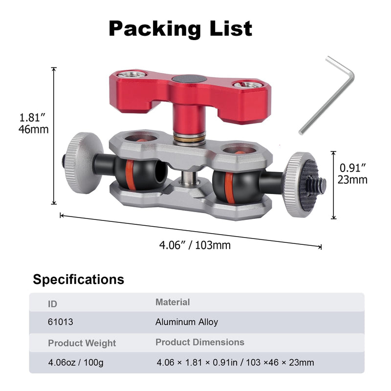 Dual Ball Head Camera Mount with 360 Degree Adjustment - Aluminum Alloy Clamp for Insta360/GoPr0/Camera Cage/LED Light/Microphone - 1/4" & 3/8" Screw Holes with Anti-Slip Design 61013