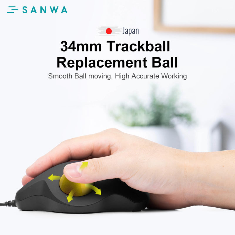 SANWA 2-Device Wireless Trackball + Yellow 34mm Replacement Ball Set, Programmable & Silent Click Vertical Mice, Compatible with Mac, Windows, Laptop, Android, PC