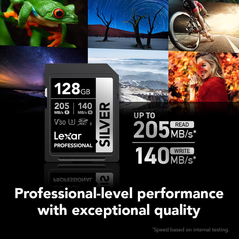 Lexar 128GB Professional Silver SDXC Memory Card, UHS-I, C10, U3, V30, 4K Video, Up to 205/140 MB/s Read/Write, for Professional Photographer, Videographer, Enthusiast (LSDSILV128G-BNNNU)