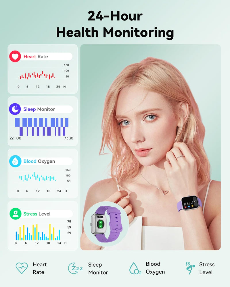 Quican Smart Watch for Women Men, Bluetooth Call Fitness Smartwatch for Women/Men,Compatible Android iOS, Ideas Gift on Christmas, New Year IDW19 Black and Purple