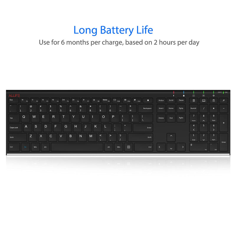ALLIFE 2.4G Wireless Keyboard Stainless Steel Ultra Slim Full Size Keyboard with Numeric Keypad for Computer/Desktop/PC/Laptop/Surface/Smart TV and Windows 10/8/ 7 Built in Rechargeable Battery