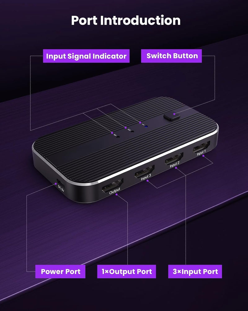 HDMI Switch 5 in 1 Out with Remote 4K@60Hz, HDMI Splitter Support HDCP2.2, HDR, 3D, Dolby Support, 3 Port Switcher Selector Box with Xbox, PS5/4/3, Fire Stick Roku Blu-Ray Player (5 in 1 Out)