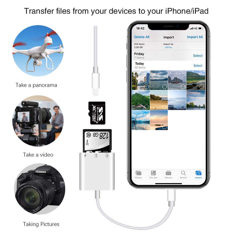 SD Card Reader for iPhone iPad,Micro SD Card Reader Memory Card Reader Plug and Play Trail Camera Viewer SD Card Adapter,Simultaneous Charging and Card Reading Micro SD Card Adapter white
