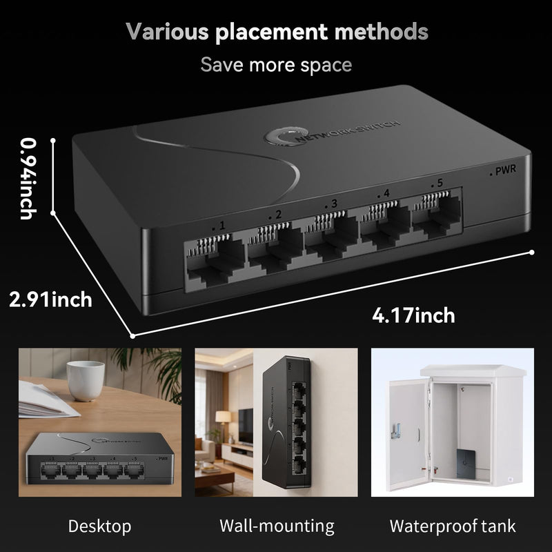 Goalake 5 Port Gigabit Managed Ethernet Switch, Easy Smart Network Splitter with VLAN & QoS, Desktop/Wall Mount, for Small Office Home Network No PoE-in 5 Ports
