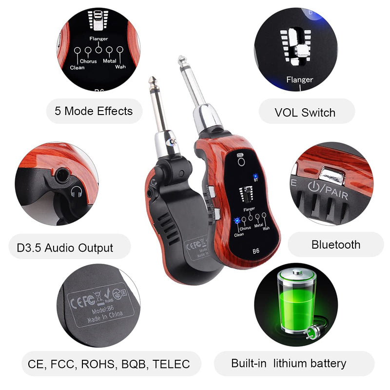 B6 Guitar Headphone Amp Mini Plug Guitar Amplifier Bluetooth Receiver Rechargeable For Electric Travel Pocket Guitar With Reverb/Chorus/Flanger/Overdrive/Wow Wah 5 Effects (Mahogany Color) Mahogany Color; Guitar Bass Headphone Amp