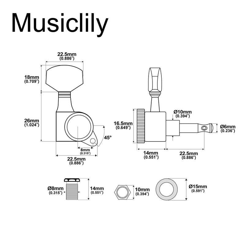 [AUSTRALIA] - Musiclily Pro 3L+3R Guitar Locking Tuners 18:1 Ratio Lock String Tuning Key Pegs Machine Heads Replacement for LP SG Style Style Electric Folk or Acoustic Guitar, Chrome with Big Hex Button 