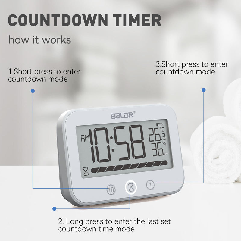[AUSTRALIA] - Digital LCD Waterproof Timer Shower Clock, Waterproof for Water Spray, Bathroom Clock Wall Mount, Two Suction Cup, Displays Time, Temperature, and Indoor Relative Humidity (1, White) 1 