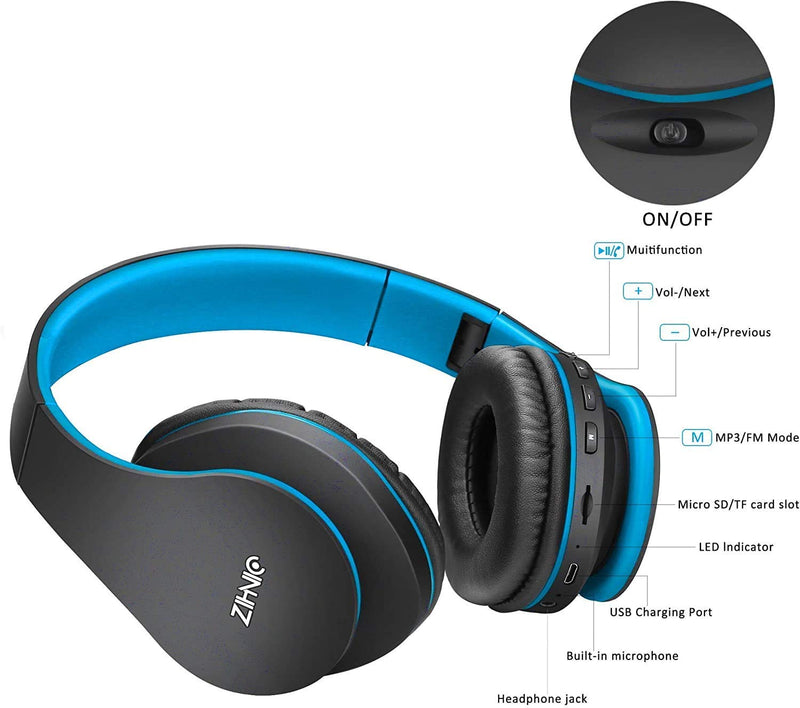 Wireless Over-Ear Headset with Deep Bass, Bluetooth and Wired Stereo Headphones Buit in Mic for Cell Phone, TV, PC,Soft Earmuffs &Light Weight for Prolonged Wearing by Zihnic (Black/Blue) Black Blue