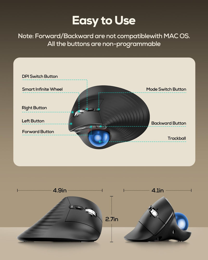 Nulea Wireless Trackball Mouse Ergonomic Vertical Design Thumb Control | Rechargeable mouse with quiet clicks,4 DPI levels,3 device Bluetooth & USB receiver,smooth tracking,compatible with PC-Blue B-Blue