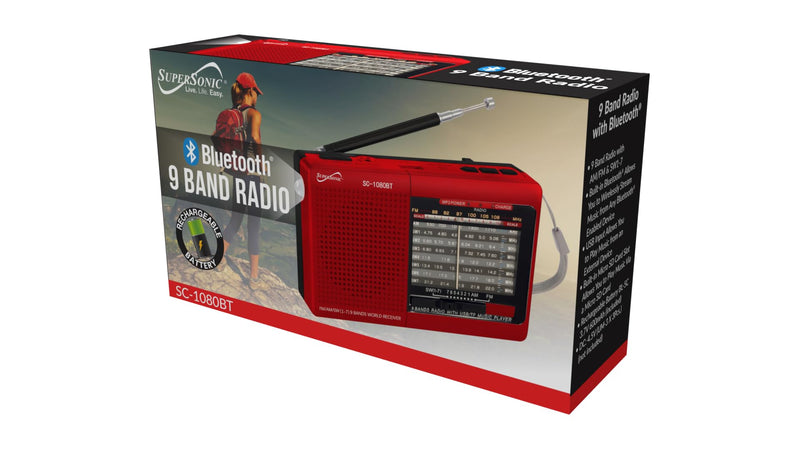 Supersonic SC-1080BT 9-Band Radio with Bluetooth, Portable Small Multi Band Radio Stereo, USB and Micro SD Input, Torch Light, and Rechargeable Battery red