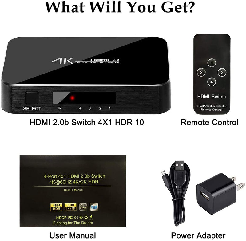 HDMI Switch 4X1, 4K Ultra HD HDMI Switcher Support HDMI 2.0 HDCP 2.2, 3D, 1080P, 4Kx2k@60Hz (IR Remote Control)