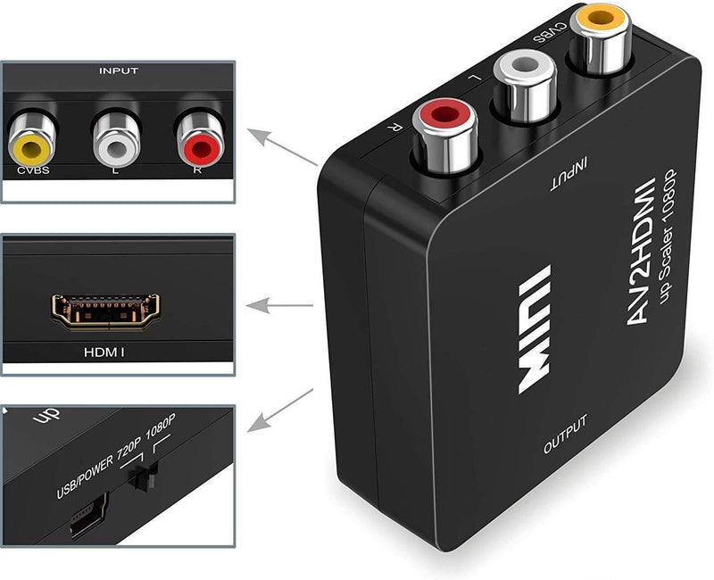 RCA to HDMI Converter, 1080P RCA Composite CVBS AV to HDMI Video Audio Converter Adapter Compatible with N64 Wii PS2 Xbox VHS VCR Camera DVD, Support PAL/NTSC with HDMI and USB Power Cable Converter(With HDMI Cable)