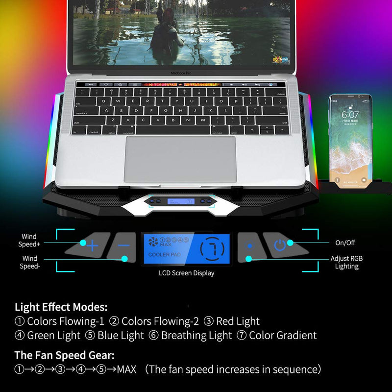 ICE COOREL Gaming Laptop Cooling Pad 15-17.3 Inch with 6 Cooling Fans, Cooling Stand with 6 Height Adjustable, Laptop Cooler with RGB Light, LCD Screen, 2 USB Ports, Phone Stand 6 Fans