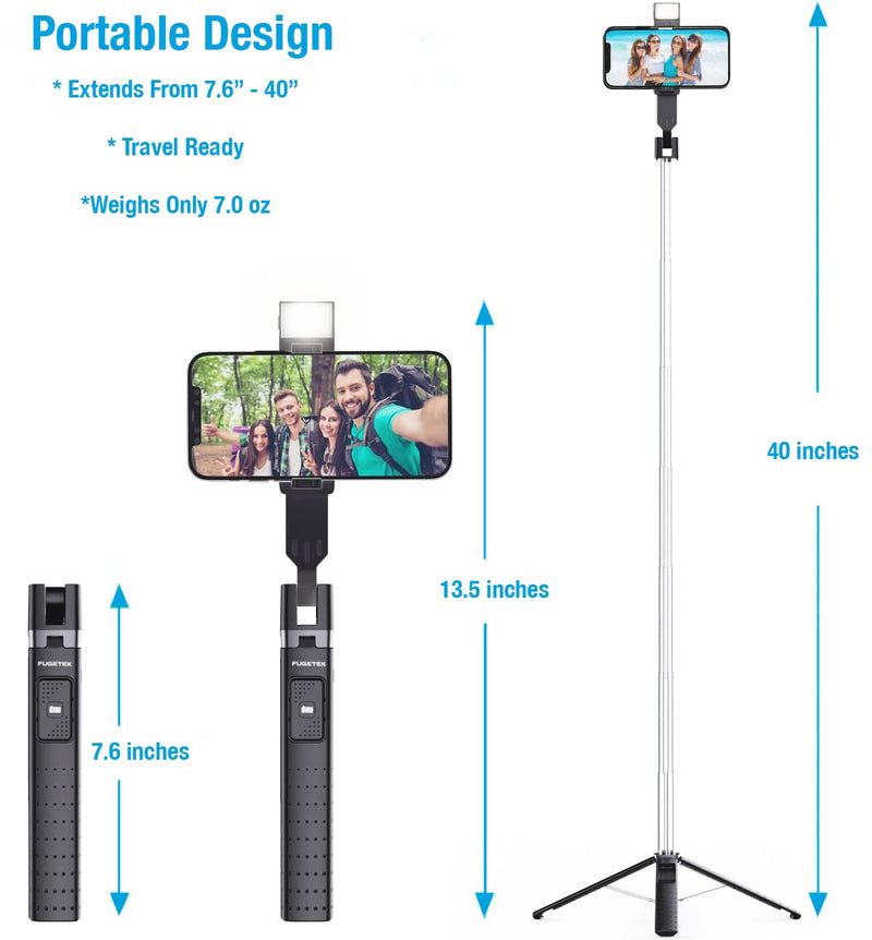 [AUSTRALIA] - Fugetek 40'' Quadrapod Lighted Selfie Stick Stand, Lightweight 7oz, Wireless Bluetooth Remote, Patented Ultra Stable 4 Legs, 3 Onboard Light Modes, Compatible with iPhone & Android (Black) Black 