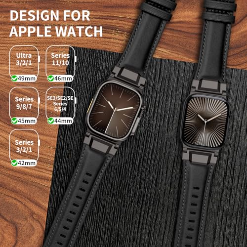 Leather Bands Compatible with Apple Watch Ultra 3/2/1 Band 49/46/45/44/42mm Men, Genuine Leather Metal Connector Strap for iWatch Ultra Series 11/10/9/8/7/SE/6/5/4, Black/Black+Light Brown/Black