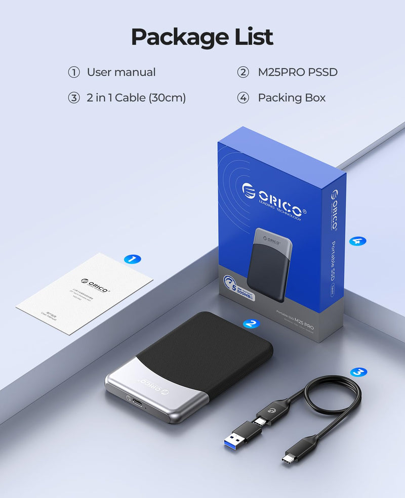 ORICO M25PRO 256GB Portable External SSD, Up to 460MB/s | USB3.2 Gen1 up to 460MB/s, Dust & Drop Resistant, Plug and Play, 2-in-1 Cable, Works for Phone15,16,17, PC, Tablet M25PRO-460MB/s