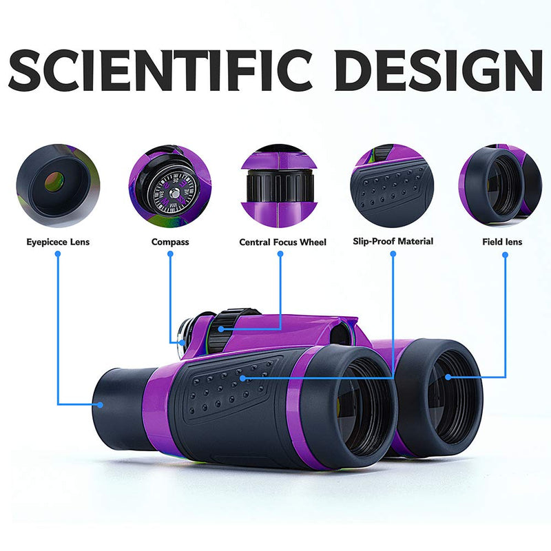 Compact Binoculars for Kids Bird Watching Hiking Camping Fishing Accessories Gear Essentials Best Toy Gifts for Boys Girls Children Toddler Waterproof 5X30 Optical Lens Including Compass Purple