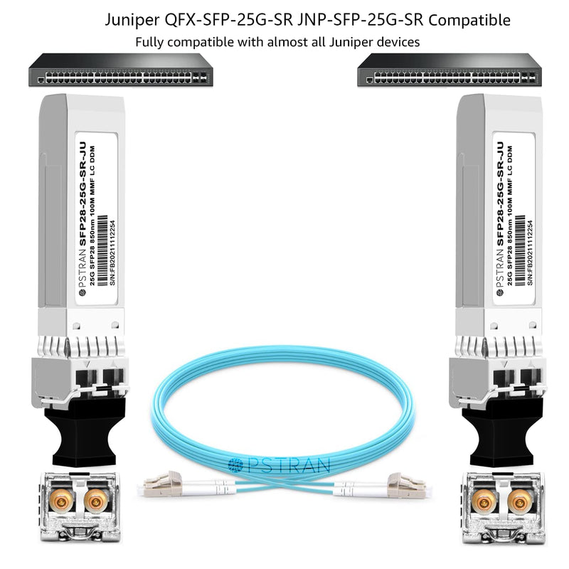 25GBASE-SR SFP28 Optical Transceiver Module Compatible with Juniper QFX-SFP-25G-SR JNP-SFP-25G-SR 25G SFP28 850nm 100m DOM Duplex LC MMF 25GBASE-SR: 100m for Juniper 1