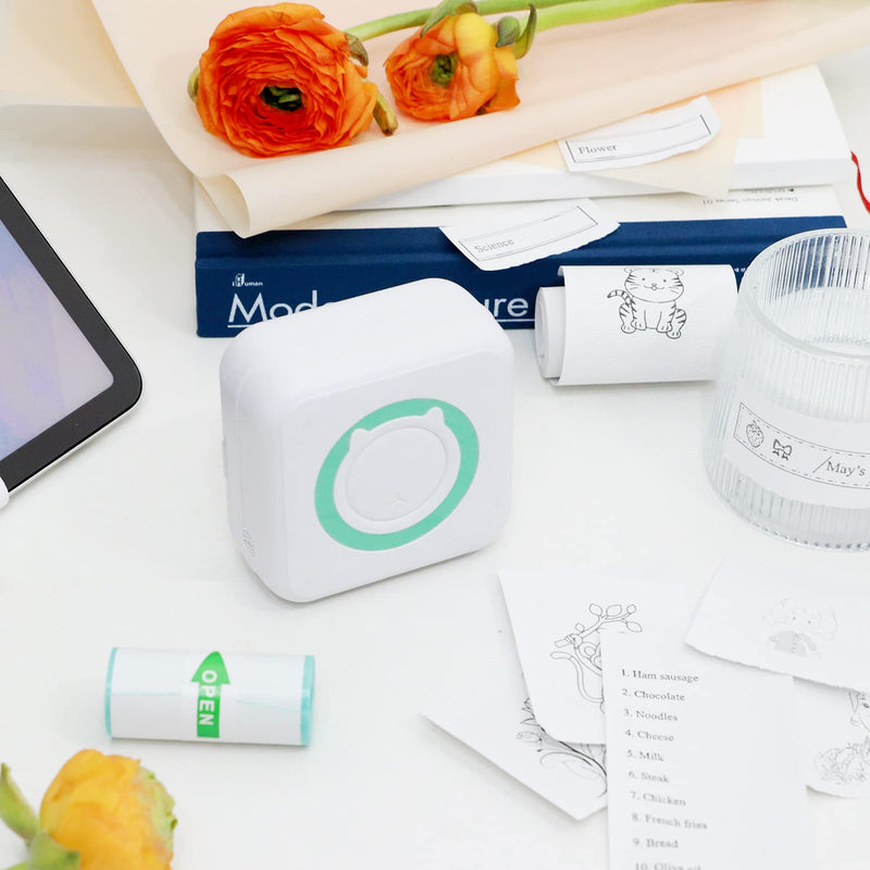 AURTEC Mini Thermal Printer, Portable Wireless Bluetooth Inkless Printer with 3 Rolls of Sticker and 3 Rolls of Thermal Paper, Compatible with Android/iOS, Pocket Printer for Memo, DIY, Photo and More Green