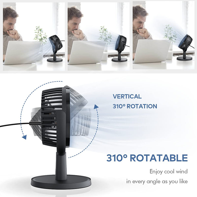 Small Personal USB Powered Fan with 4 Speeds, Portable Desk Fans with 310° Rotation, Mini Powerful Table Fans, Ultra Quiet Air Cooling Fan for Office, Bedroom, Easy to Storage, Strong, Compact, Black 4" Black