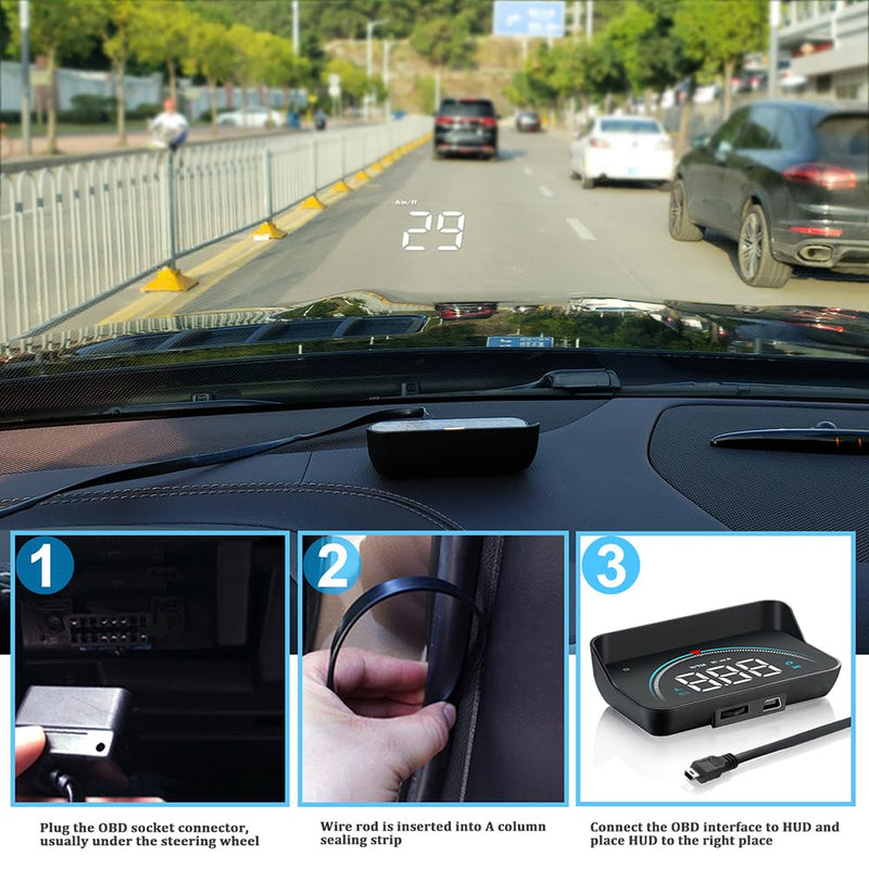 Windshield Head Up Display for Cars, OBD2 Head Up Display Digital Speedometer for Car HUD Projector Car Speedometer Display with RPM, Volt, Water Temp, Mileage, Overspeed Alarm, Fatigue Driving Alarm