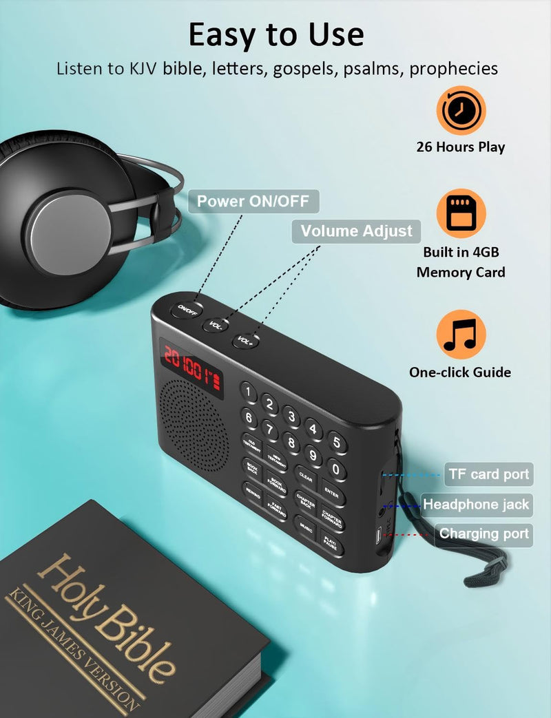 [AUSTRALIA] - iGuerburn KJV Audio Bible Player for Seniors, Electronic Bible Old & New Testament in King James Version, Easy Read Talking Bible with 26H Playtime 