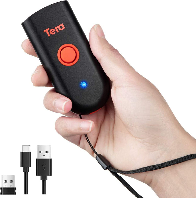 Tera Mini 1D 2D QR Wireless Barcode Scanner, Waterproof Shockproof Pocket Scanner, 3-in-1 BT & USB Wired & 2.4G Bar Code Reader Portable Image Scanner Work with iOS, Windows, Android 1100D 2D Mini Orange