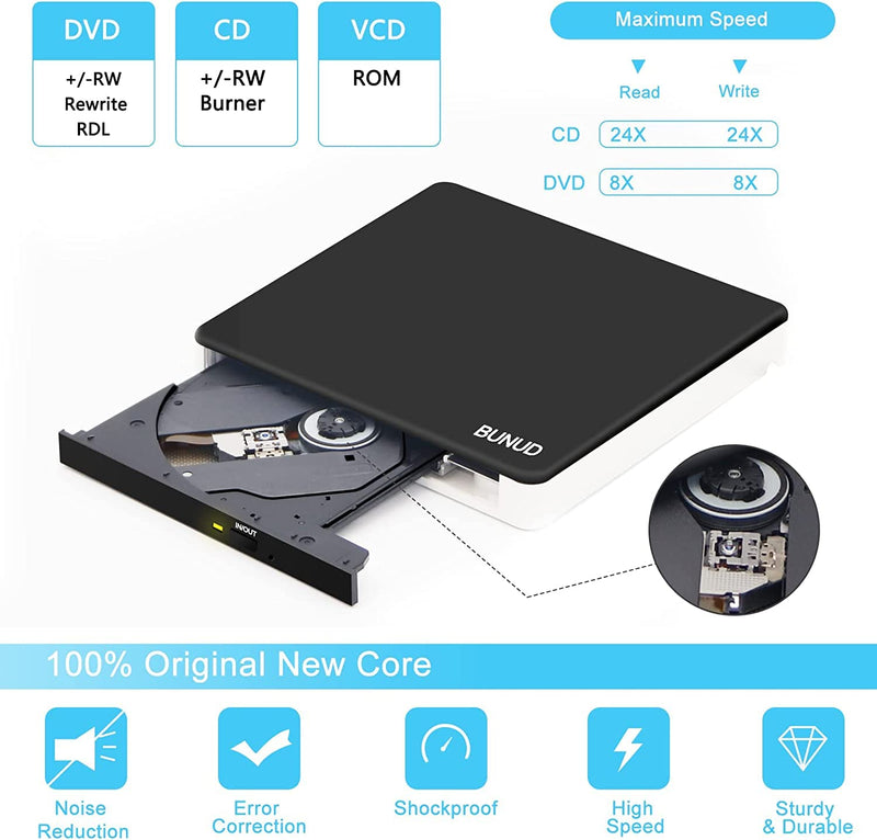 [AUSTRALIA] - BUNUD External DVD Burner USB-C: Portable DVD External Drive for Apple Superdrive with 2 USB and TF/SD Slots - Plug & Play CD Drive External for Mac Laptop Windows 11 Black 