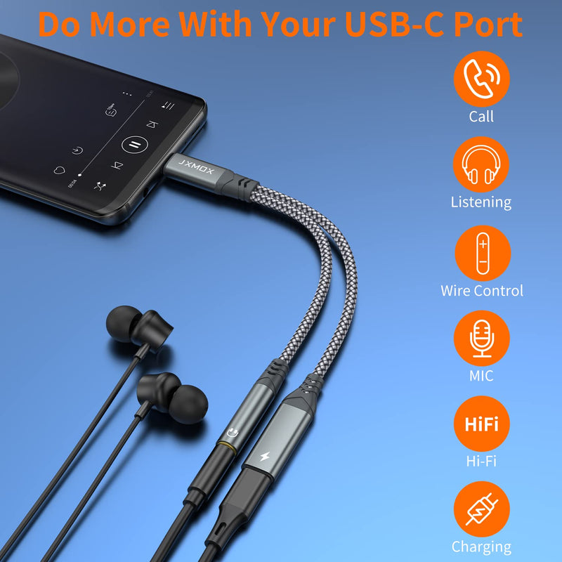 USB C to 3.5mm Headphone and Charger Adapter, 2-in-1 USB Type C to Aux Jack Dongle Cable with PD 60W Fast Charging for iPhone 15 Pro Max Plus, Samsung Galaxy S21 S22 S23 S24 Ultra, Note 20, iPad Pro Grey 1-Pack