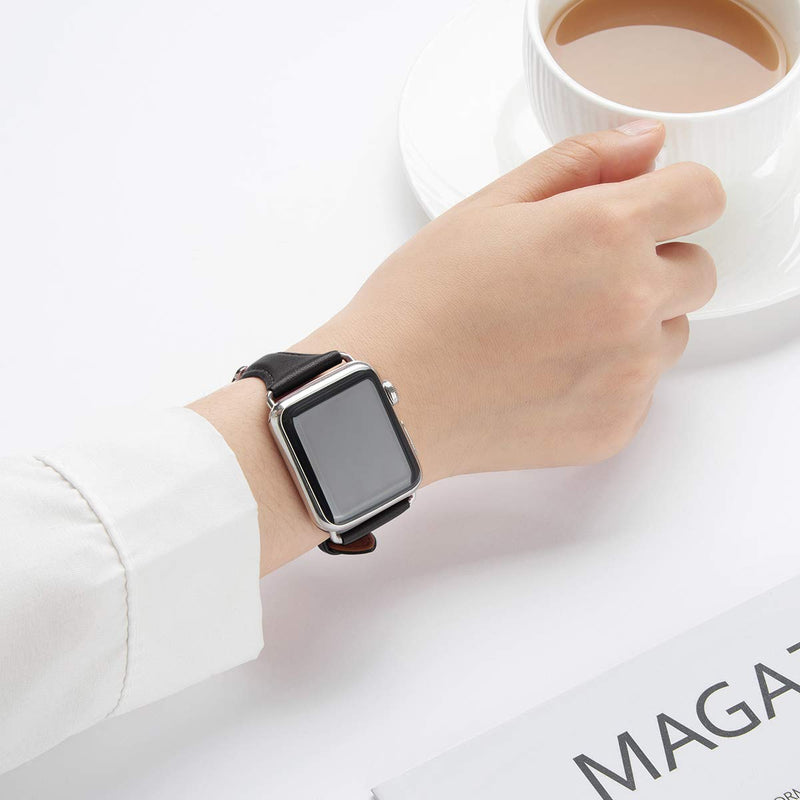 Slim Apple Watch Leather Band and Stainless Steel Metal Band for iWatch 38mm, 40mm, and 41mm，Black Silver+Metal Silver