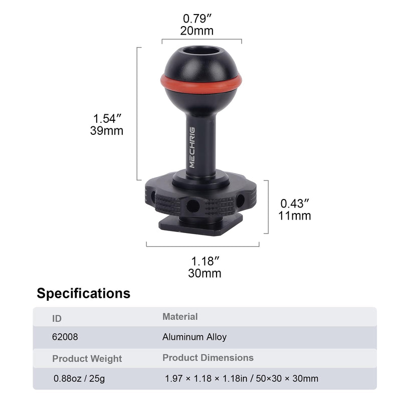 [AUSTRALIA] - 20mm Ball Head Hot Shoe Adapter for Camera Magic Arm, CNC Aluminum Alloy Quick Release Mount with Anti-Slip Ring for DSLR Rig/Gimbal Handle/Riding Filming(62008 Hot Shoe Mount Ball Head) 62008 