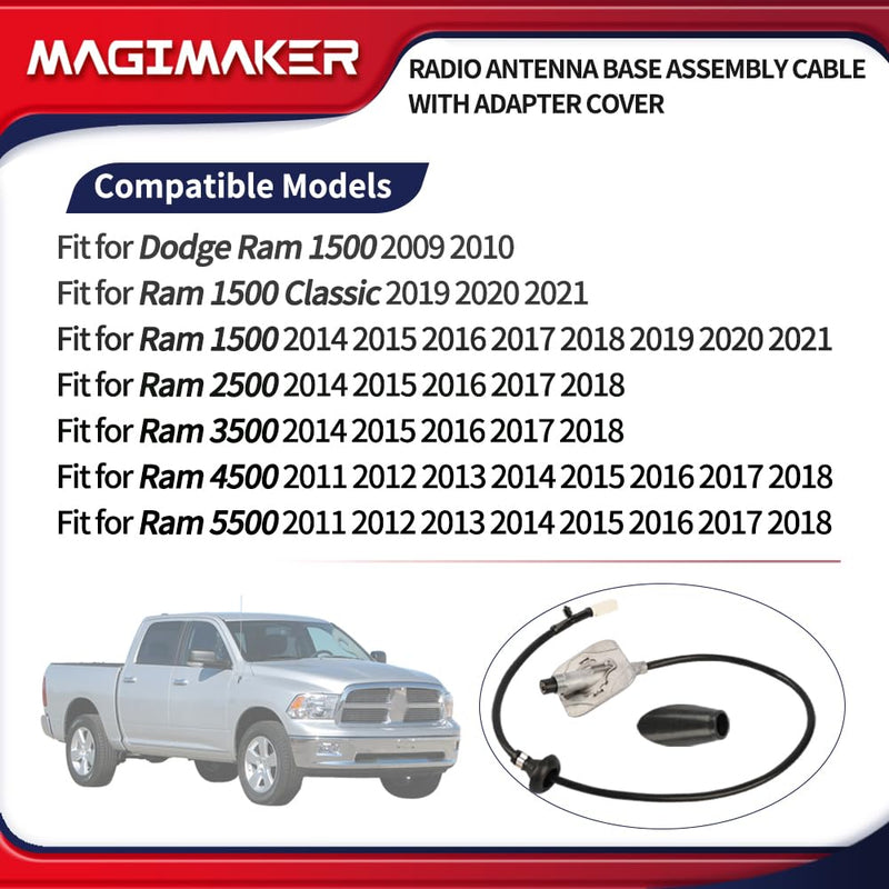 [AUSTRALIA] - Radio Antenna Base Assembly Cable with Adapter Cover 5064394AH Compatible with Dodge Ram 1500 2500 3500 4500 5500 2009-2021 Replace ‎5064394AG 5064395AE Tube Antenna Base Mast Kit 