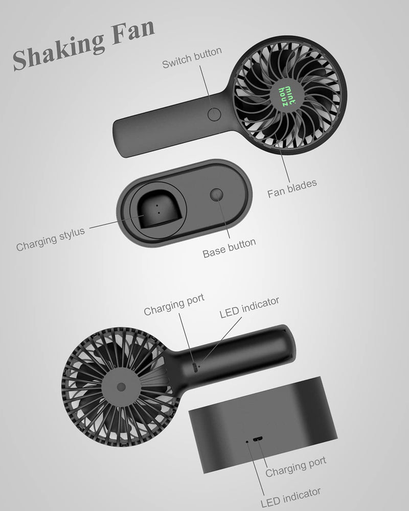 Minthouz Handheld Fan, 90° Automatic Head Shaking Personal Fan with Rotating Base, 3 Speed Adjustable Portable Fan Rechargeable Desk Fan with 2000mAh Built-in Battery, Mini Fan for Office/Home/Outdoor Black