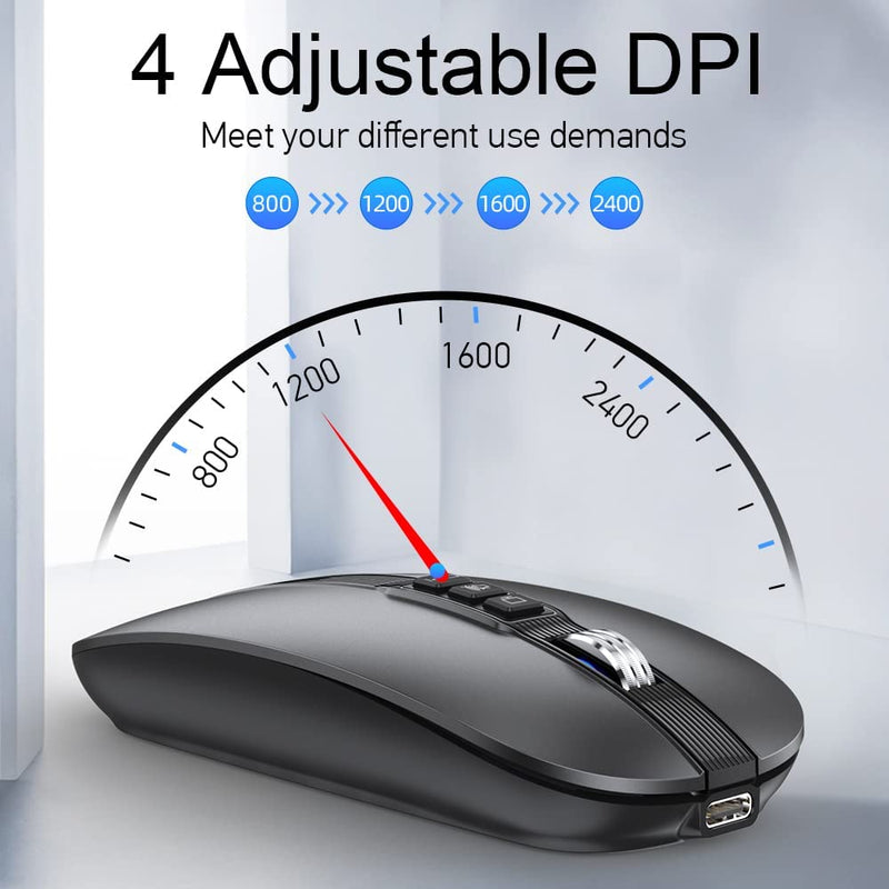 FMOUSE Silent Wireless Mouse, Slim Silent Mouse with USB Receiver, Wireless & Bluetooth 5.1 Dual Mode 2400 DPI, Quick Mute & Desktop Return Button, Rechargeable Mice for PC, Laptop, Desktop (Grey) Grey