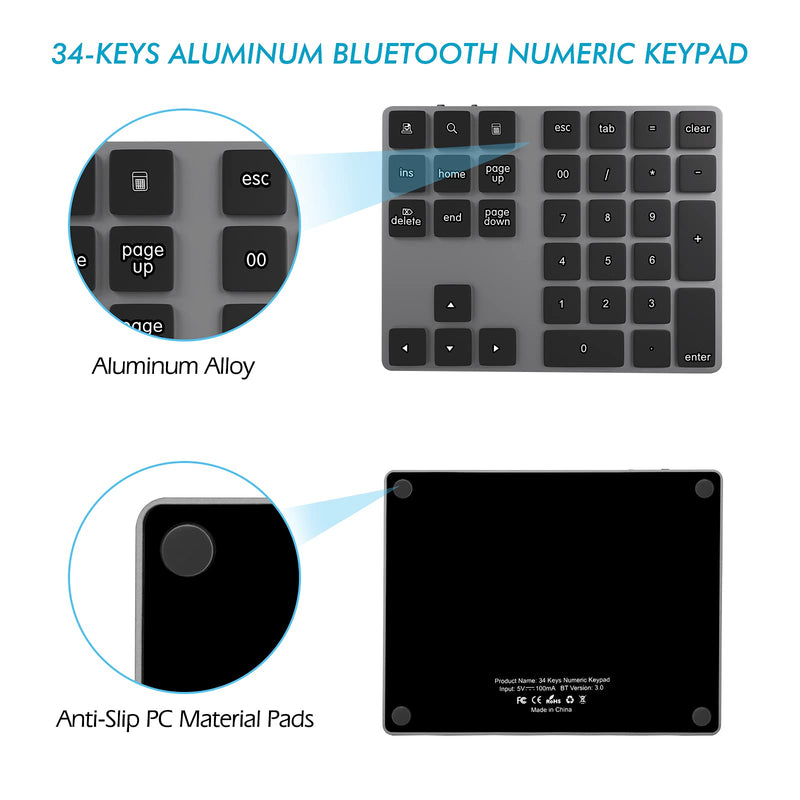 Bluetooth Numeric Keypad, Foloda Aluminum Rechargeable 34-Keys Wireless Number Pad External 10 Keys Numpad Data Entry Compatible for Laptop MacBook Mac Windows