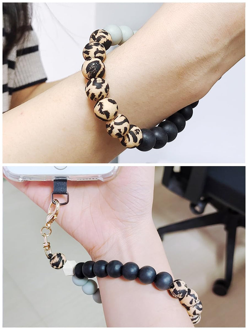 Marble Silicone Beaded Phone Wrist Strap, Cellphone Lanyard with Tether Tab, Elastic Hands-Free Wristlet Bracelet Leopard Print
