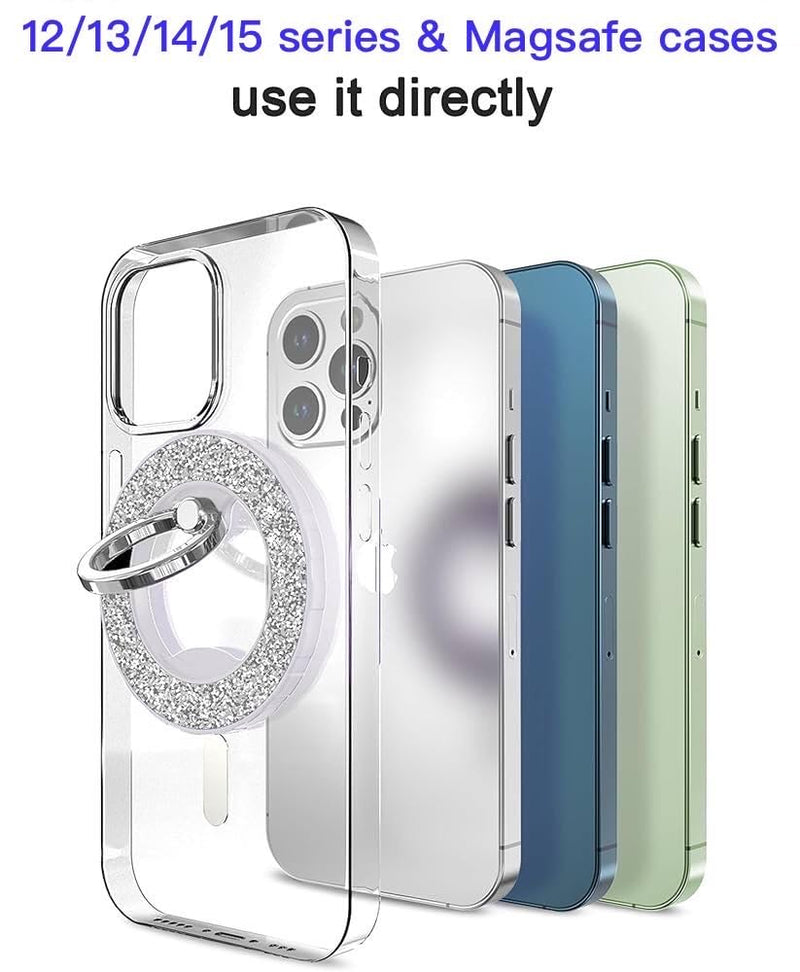Magnetic Phone Ring Holder for magsafe, Glitter Magnetic Grip Compatible with iPhone 15 14 13 12 Pro max,Pro,Plus,Mini Mag Safe Accessories,Adjustable Kickstand Wireless Charging,Silver Glitter Silver
