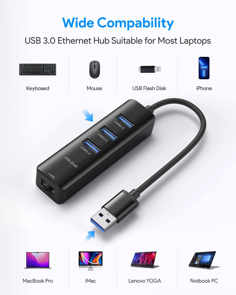 USB to Ethernet Adapter, ABLEWE 3 Ports USB 3.0 Hub with RJ45 1Gbps Gigabit Ethernet Adapter, for MacBook Air 2017, iMac, XPS, Surface Pro, Linux, Chromebook, Notebook and More - Black